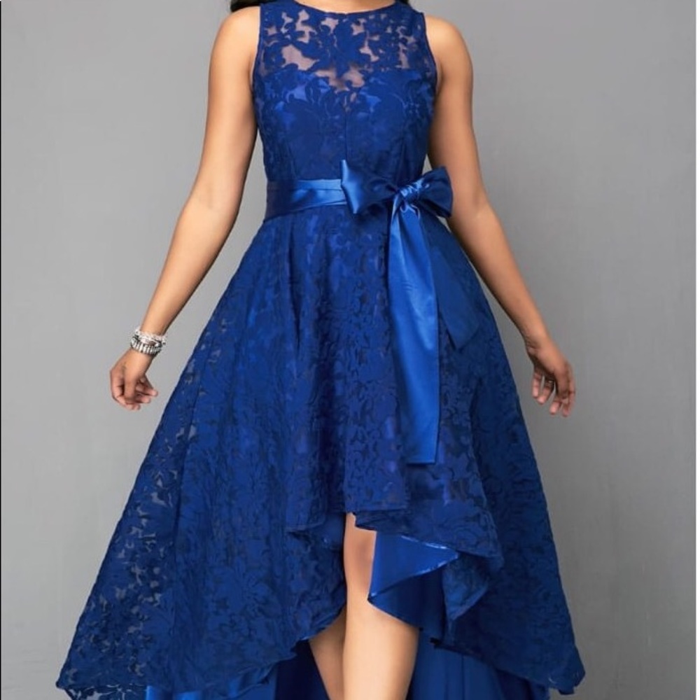 New Elegant High Low Royal Blue Lace Dress LARGE
